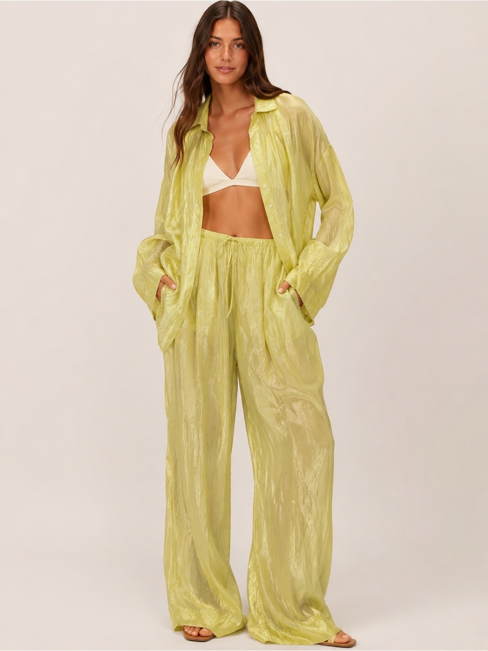 LE by Lee Won Seop crinkled shirt & wide leg pant set shimmery chartreuse S/M